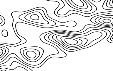 Abstract Black Topographic Contour Lines on a Minimal White Background Creating a Modern Geometric Map-Inspired Pattern.

