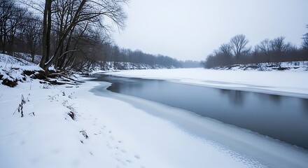 Winter River Scene with Snow.