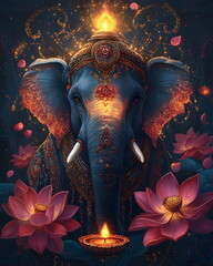 Colorful Diwali artwork with radiant diya lamp glowing bright, decorated elephants, pink lotus flowers, golden fireworks, and swirling Indian ornaments, rich artistic style with warm festive palette.