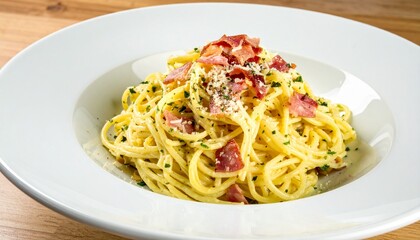 Authentic Italian spaghetti carbonara al dente pasta with rich creamy egg and Pecorino cheese sauce, crispy bacon, fresh parsley, black pepper, a truly satisfying culinary experience