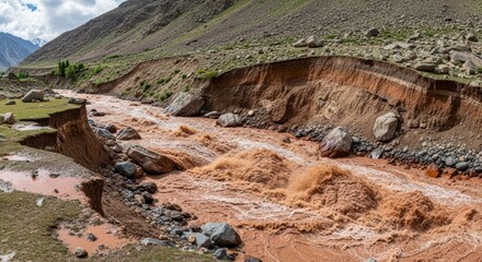 Muddy river eroding mountainside