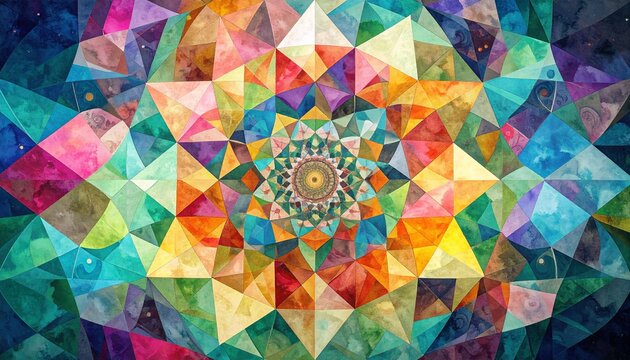 Vibrant geometric kaleidoscope pattern with intricate triangular shapes and a captivating radial design, showcasing a spectrum of rich colors, creating an abstract background