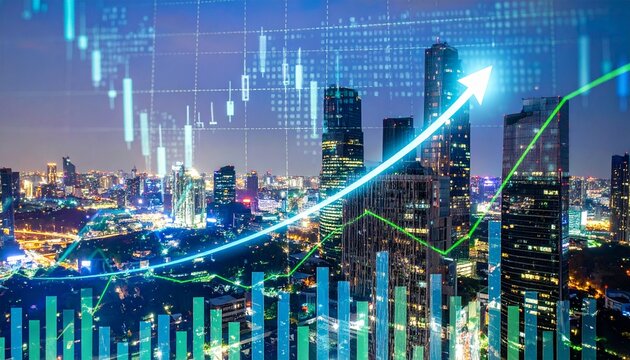 Digital financial graphs and upward arrows superimposed on a vibrant city skyline, representing global economic growth, market success, and technological advancement in a modern business landscape