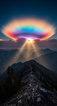 Spectacular cloud iridescence with sun rays piercing through mountain peaks