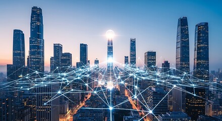 Smart city skyline with interconnected digital network overlay