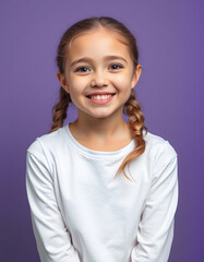 Portrait of pretty lovely young girl beaming smile empty space isolated on purple color background, hyperrealism. isolated with white highlights