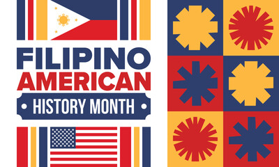 Filipino American History Month. Happy holiday celebrate annual in October. Filipinos and United States flag. Culture month. Patriotic design. Poster, card, banner, template. Vector illustration