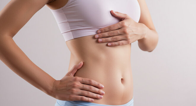 Young woman checking for breast cancer symptoms, promoting health awareness with self exam in home