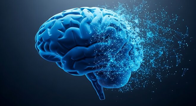 Abstract representation of a human brain dissolving into digital particles - Powered by Adobe