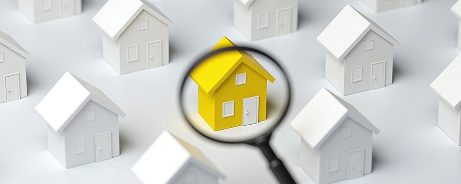 House with magnifier among white homes for property search