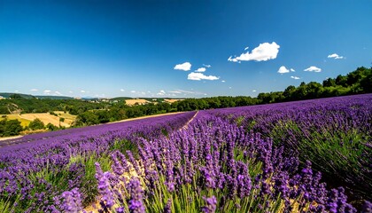 Fototapeta premium Expansive purple lavender fields under a brilliant blue summer sky, showcasing a breathtaking and serene natural landscape with distant rolling hills