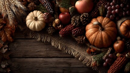 Thanksgiving celebration display with pumpkins, colorful autumn fruits, and natural decor on wooden surface