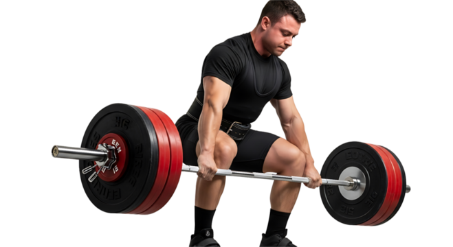 Man performing a deadlift with a loaded barbell, isolated on Transparent background
