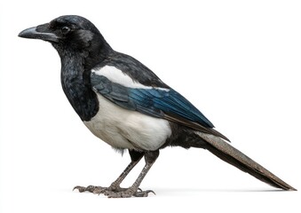 Side profile of a Eurasian Magpie.  Bird in profile, black & white plumage,  vibrant blue accents.  Sharp beak, alert stance.  Isolated on white