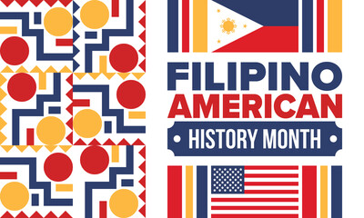 Filipino American History Month. Happy holiday celebrate annual in October. Filipinos and United States flag. Culture month. Patriotic design. Poster, card, banner, template. Vector illustration