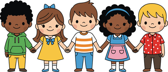 Group of Diverse Children Holding Hands, Smiling, Multi-Ethnic Friendship Concept, School Days, Joyful, Happy Kids Together, Fun Outdoors