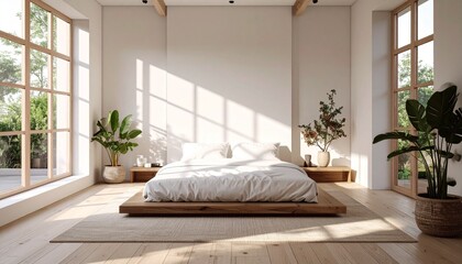 Sun-Drenched Minimalist Bedroom Interior Design with Serene Atmosphere and Lush Green Plants, Showcasing Tranquil Modern Living Space with Ample Natural Light