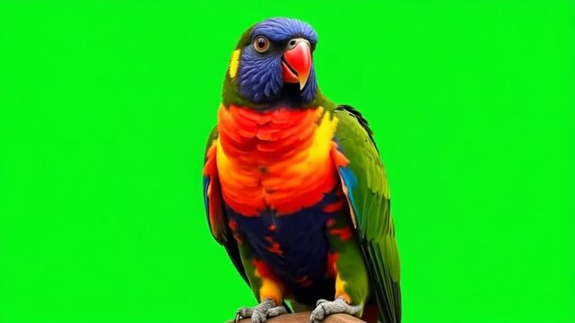 Vibrant rainbow lorikeet perched on a branch against a bright green screen background, ready for editing.
