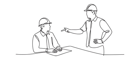 Single continuous line drawing of young construction manager giving instruction to builder coordinator at site meeting. Vector black silhouette. with white background