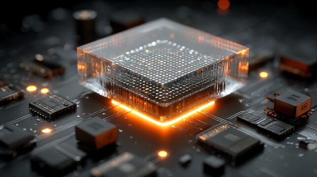 Isolated render of compact quantum processor block with etched nano-scale grid and subtle glow ideal for next-generation computing or quantum tech visualization