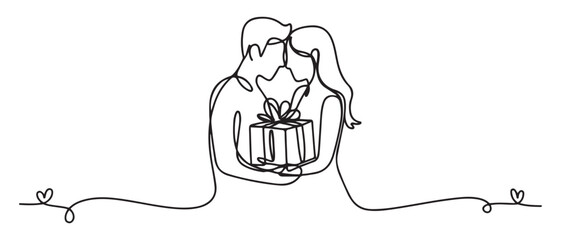 Single continuous line drawing couple holding packaged present together. Romantic surprise gift box. Vector black silhouette. with white background