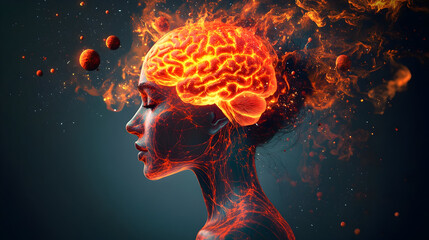 Surreal digital artwork of woman's side profile with fiery elements for creative design