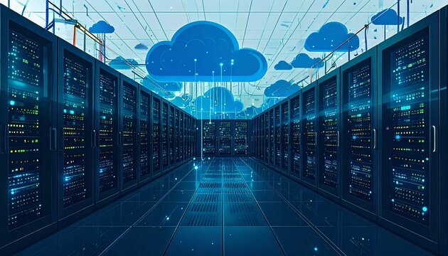 Futuristic data center environment with rows of illuminated server racks and floating cloud icons, representing advanced digital infrastructure and robust cloud computing services