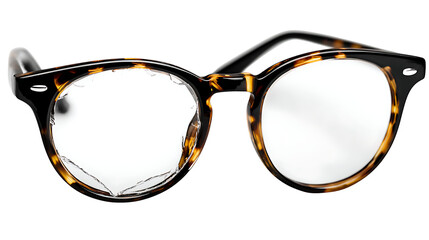 Close up of tortoise shell glasses with a cracked lens on a white background