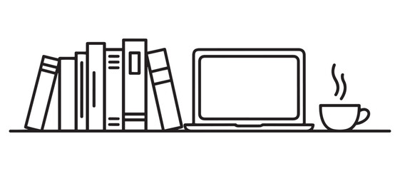 One continuous line drawing of stack of books line up with computer laptop, book and a cup of coffee. Vector black silhouette. with white background