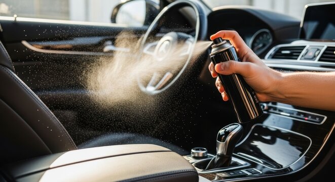 Person spraying car interior cleaner