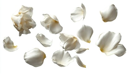 Delicate white flower petals, suspended in mid-air, scattered across a plain white background
