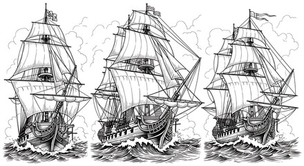 Three Historic Galleons Sailing the Open Sea.