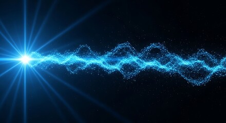 Abstract blue energy wave with bright light starburst on black background