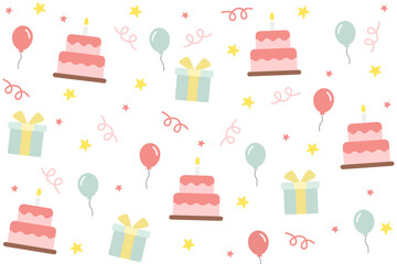 Colorful pastel birthday pattern with cake, gifts, balloons, and confetti on off-white background. Great for greeting cards, stationery, or wrapping paper.