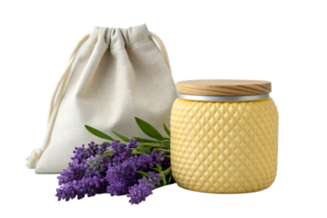 Jar of honey with lavender and pouch isolated on white background