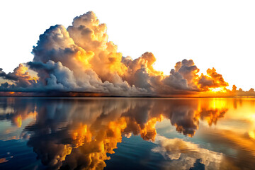 Dramatic sunset clouds reflected on water isolated on white background