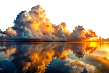 Dramatic sunset clouds reflected on water isolated on white background