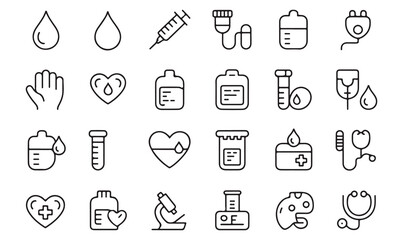 Naklejka premium Medical and blood donation line icons set with syringe, drop, pill, stethoscope, test tube, and microscope for healthcare and treatment design