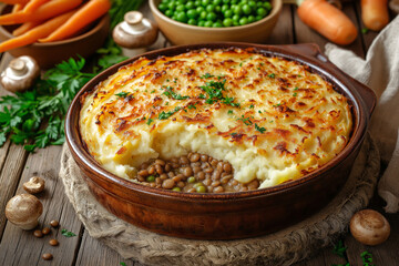 Lentil and Mushroom Shepherd's Pie served in a rustic ceramic baking dish, golden crispy mashed potato topping with perfectly browned edges.