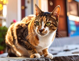 A cat sits outdoors in sunlight