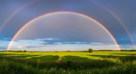 Naklejka premium Vibrant Double Rainbow Arching Over Green Fields at Sunset.