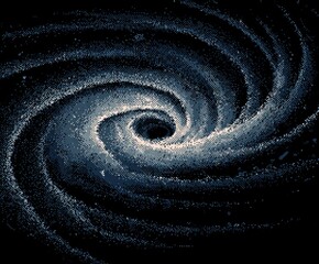 A swirling galaxy, pixelated and dark.  Spiral arms of light-gray and  dark-blue particles radiate from a central void