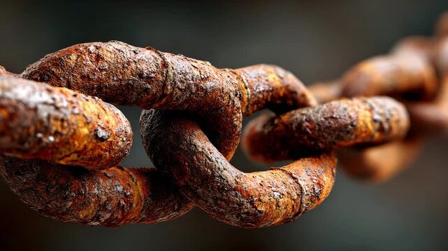 Close-up of rusty metal chain, old brown rust texture. Corroded chain links