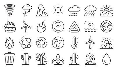 Minimal climate and weather icons pack of tornado, cloud, rain, sun, fire, water drop, and thermometer for environment and ecology design