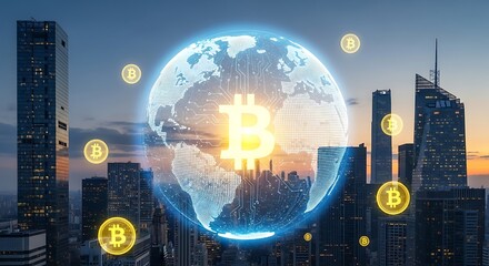 Bitcoin cryptocurrency symbol glowing on a digital globe over a city skyline