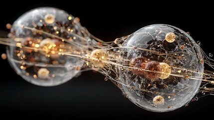 Isolated render of quantum entanglement device with twin linked spheres and light beams showing next-gen communication or data transfer tech