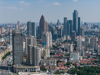 Obraz premium Aerial view of Tianjin city skyline at dusk time, Tianjin, China