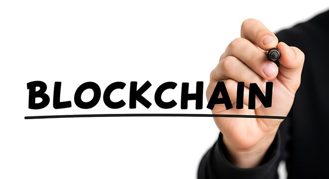 Hand writing the word blockchain on a white background