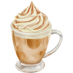 Watercolor Illustration of Latte with Whipped Cream