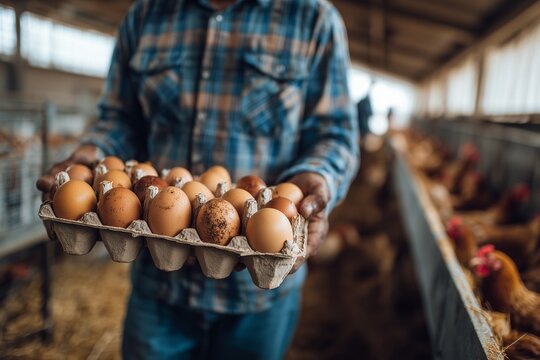 A man holding a tray of fresh eggs inside a barn. - Powered by Adobe